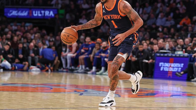 Nov 30, 2022; New York, New York, USA; New York Knicks forward Obi Toppin (1) dribbles during the first half against the Milwaukee Bucks at Madison Square Garden. Mandatory Credit: Vincent Carchietta-USA TODAY Sports