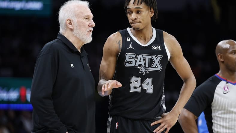 Nov 30, 2022; Oklahoma City, Oklahoma, USA; San Antonio Spurs head coach Gregg Popovich talks to guard Devin Vassell (24) between plays against the Oklahoma City Thunder during the second quarter at Paycom Center. Mandatory Credit: Alonzo Adams-USA TODAY Sports