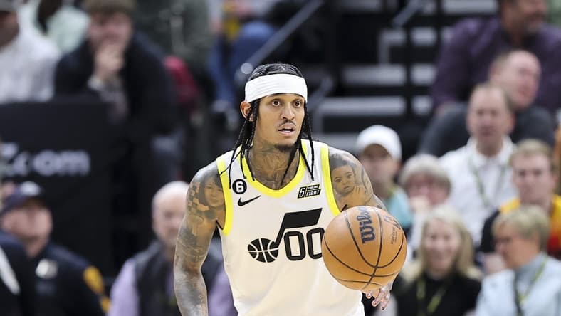 Nov 30, 2022; Salt Lake City, Utah, USA; Utah Jazz guard Jordan Clarkson (00) brings the ball up the court against against the Los Angeles Clippers in the second quarter at Vivint Arena. Mandatory Credit: Rob Gray-USA TODAY Sports