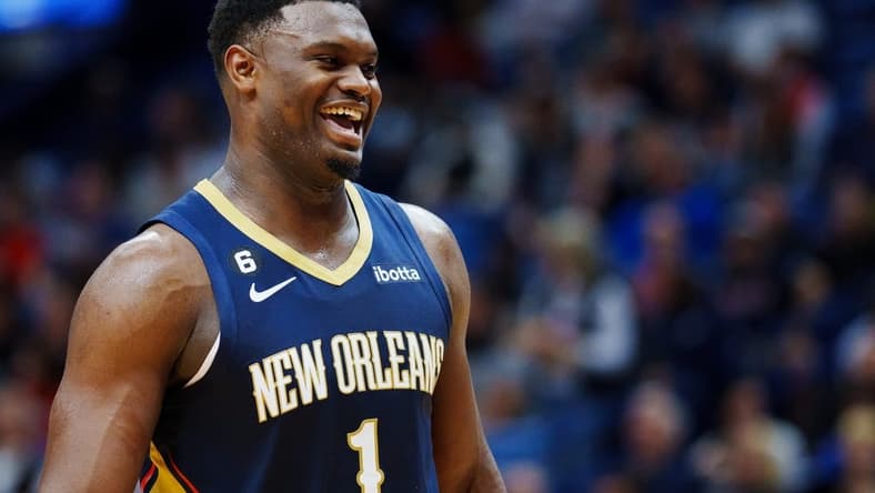 Nov 30, 2022; New Orleans, Louisiana, USA; New Orleans Pelicans forward Zion Williamson (1) reacts during the third quarter against the Toronto Raptors at Smoothie King Center. Mandatory Credit: Andrew Wevers-USA TODAY Sports