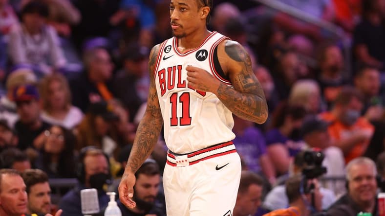 Nov 30, 2022; Phoenix, Arizona, USA; Chicago Bulls forward DeMar DeRozan (11) reacts against the Phoenix Suns at Footprint Center. Mandatory Credit: Mark J. Rebilas-USA TODAY Sports