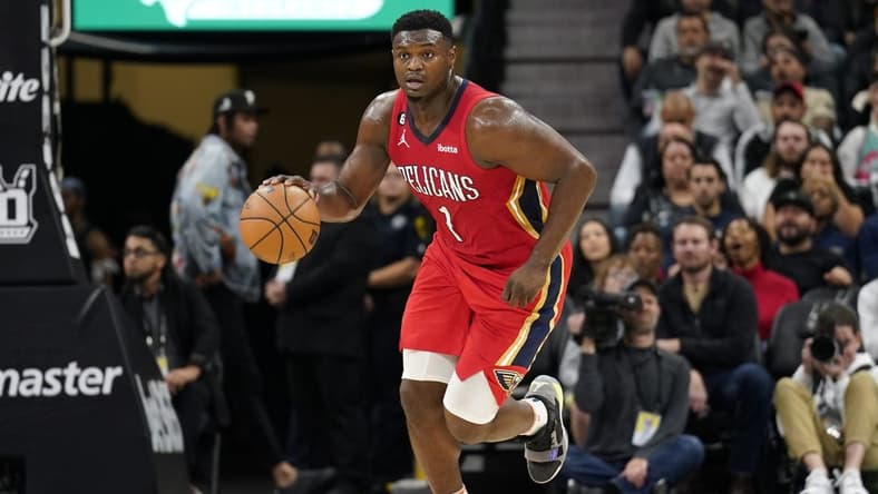 Dec 2, 2022; San Antonio, Texas, USA; New Orleans forward Zion Williamson (1) dribbles up court during the first half against the San Antonio Spurs at AT&T Center. Mandatory Credit: Scott Wachter-USA TODAY Sports