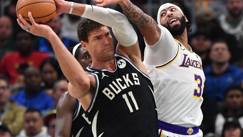 Dec 2, 2022; Milwaukee, Wisconsin, USA; Los Angeles Lakers forward Anthony Davis (3) attempts to get the ball from Milwaukee Bucks center Brook Lopez (11) at Fiserv Forum. Mandatory Credit: Michael McLoone-USA TODAY Sports