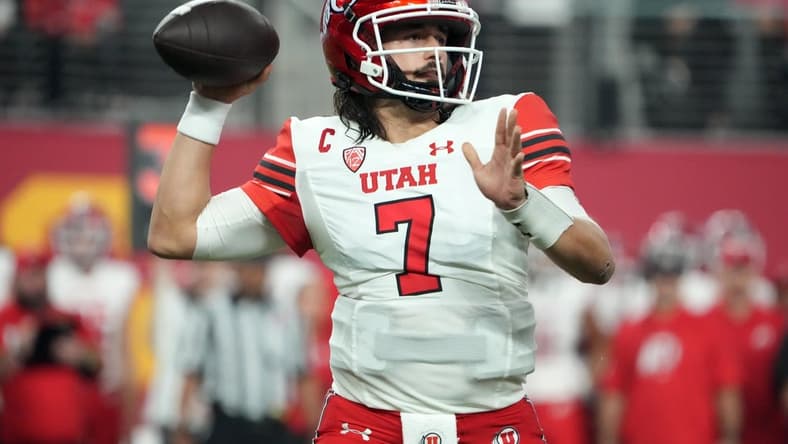 Dec 2, 2022; Las Vegas, NV, USA; Utah Utes quarterback Cameron Rising (7) throws the ball against the Southern California Trojans in the first half of the Pac-12 Championship at Allegiant Stadium. Mandatory Credit: Kirby Lee-USA TODAY Sports