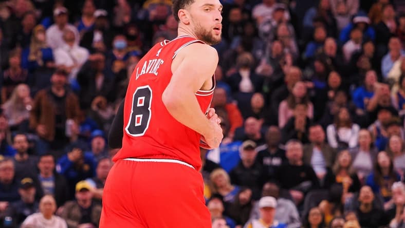 Dec 2, 2022; San Francisco, California, USA; Chicago Bulls guard Zach LaVine (8) looks over his shoulder after scoring a basket against the Golden State Warriors during the fourth quarter at Chase Center. Mandatory Credit: Kelley L Cox-USA TODAY Sports