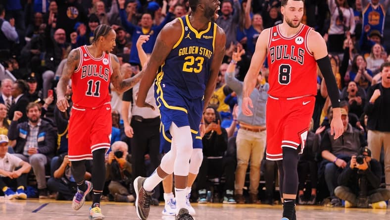 Dec 2, 2022; San Francisco, California, USA; Golden State Warriors power forward Draymond Green (23) celebrates after scoring a basket against the Chicago Bulls during the fourth quarter at Chase Center. Mandatory Credit: Kelley L Cox-USA TODAY Sports