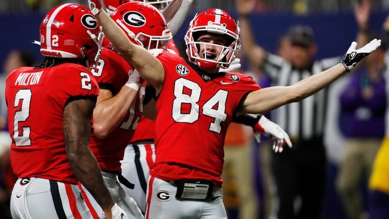 Georgia wide receiver Ladd McConkey (84) celebrates after scoring a touchdown during the first half of the SEC Championship NCAA college football game between LSU and Georgia in Atlanta, on Saturday, Dec. 3, 2022.
News Joshua L Jones
Syndication Online Athens