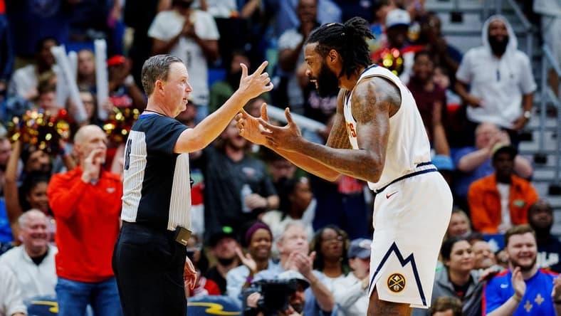 Dec 4, 2022; New Orleans, Louisiana, USA; Denver Nuggets center DeAndre Jordan (6) argues with referee Matt Boland (18) during the fourth quarter against the New Orleans Pelicans at Smoothie King Center. Mandatory Credit: Andrew Wevers-USA TODAY Sports