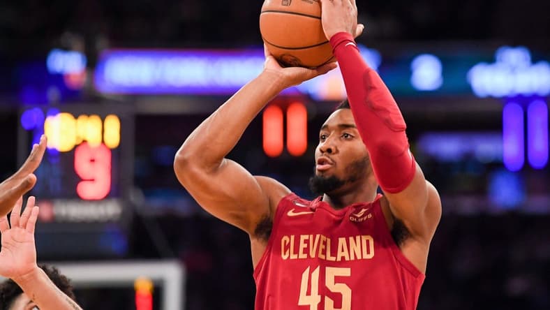 Dec 4, 2022; New York, New York, USA; Cleveland Cavaliers guard Donovan Mitchell (45) attempts a shot against the New York Knicks during the first quarter at Madison Square Garden. Mandatory Credit: Dennis Schneidler-USA TODAY Sports