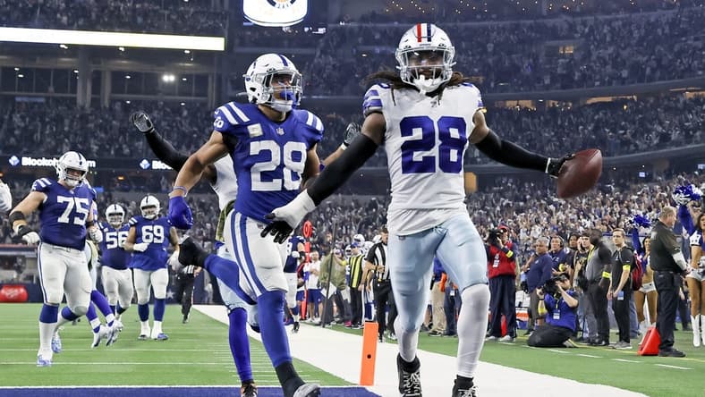 Dec 4, 2022; Arlington, Texas, USA; Dallas Cowboys safety Malik Hooker (28) recovers a fumble and runs it back for a touchdown during the fourth quarter against the Indianapolis Colts at AT&T Stadium. Mandatory Credit: Kevin Jairaj-USA TODAY Sports