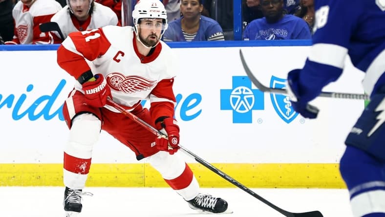 Dec 6, 2022; Tampa, Florida, USA; Detroit Red Wings center Dylan Larkin (71) skates with the puck against the Tampa Bay Lightning during the second period at Amalie Arena. Mandatory Credit: Kim Klement-USA TODAY Sports