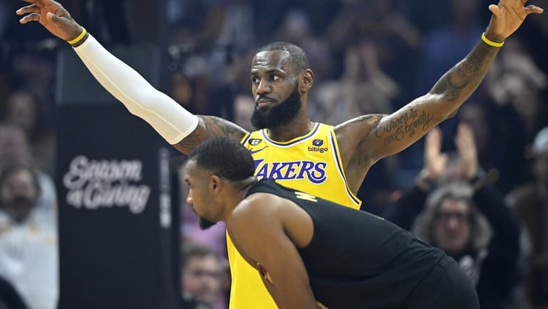 Dec 6, 2022; Cleveland, Ohio, USA; Los Angeles Lakers forward LeBron James (6) reacts to cheers in the first quarter against the Cleveland Cavaliers at Rocket Mortgage FieldHouse. Mandatory Credit: David Richard-USA TODAY Sports