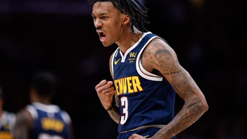 Dec 6, 2022; Denver, Colorado, USA; Denver Nuggets guard Bones Hyland (3) reacts after a play in the fourth quarter against the Dallas Mavericks at Ball Arena. Mandatory Credit: Isaiah J. Downing-USA TODAY Sports