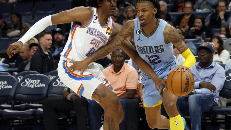 Dec 7, 2022; Memphis, Tennessee, USA; Memphis Grizzlies guard Ja Morant (12) dribbles as Oklahoma City Thunder forward Jalen Williams (8) defends during the second half at FedExForum. Mandatory Credit: Petre Thomas-USA TODAY Sports
