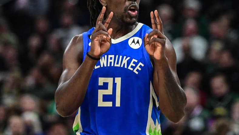 Dec 7, 2022; Milwaukee, Wisconsin, USA; Milwaukee Bucks guard Jrue Holiday (21) reacts in the third quarter during game against Sacramento Kings at Fiserv Forum. Mandatory Credit: Benny Sieu-USA TODAY Sports