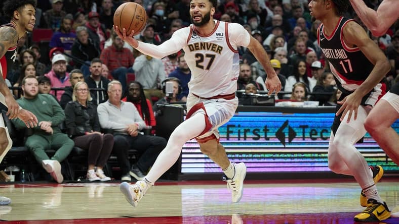 Dec 8, 2022; Portland, Oregon, USA; Denver Nuggets guard Jamal Murray (27) drives to the basket during the second half against the Portland Trail Blazers at Moda Center. The Nuggets won the game 121-120. Mandatory Credit: Troy Wayrynen-USA TODAY Sports
