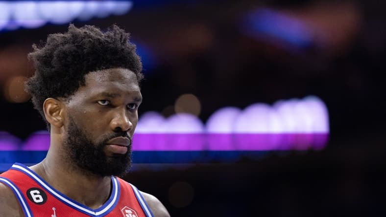 Dec 9, 2022; Philadelphia, Pennsylvania, USA; Philadelphia 76ers center Joel Embiid (21) looks on during the fourth quarter against the Los Angeles Lakers at Wells Fargo Center. Mandatory Credit: Bill Streicher-USA TODAY Sports