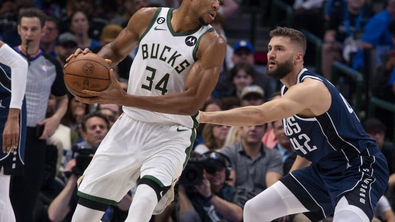 Dec 9, 2022; Dallas, Texas, USA; Milwaukee Bucks forward Giannis Antetokounmpo (34) looks to move to the basket past Dallas Mavericks forward Maxi Kleber (42) during the second quarter at the American Airlines Center. Mandatory Credit: Jerome Miron-USA TODAY Sports