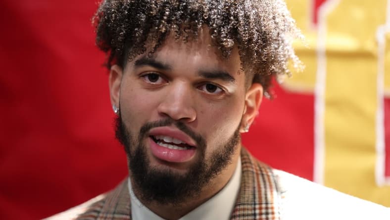 Dec 10, 2022; New York, NY, USA; Southern California quarterback Caleb Williams speaks to the media during a press conference in the Astor Ballroom at the New York Marriott Marquis in New York, NY, before the 2022 Heisman Trophy award ceremony. Mandatory Credit: Brad Penner-USA TODAY Sports