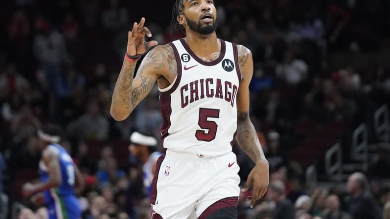 Dec 10, 2022; Chicago, Illinois, USA; Chicago Bulls forward Derrick Jones Jr. (5) gestures after making a three point basket against the Dallas Mavericks during the second half at United Center. Mandatory Credit: David Banks-USA TODAY Sports