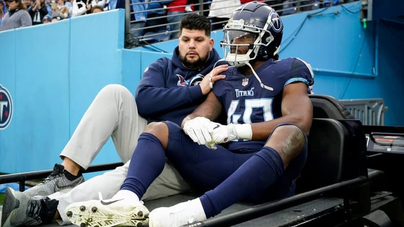 Tennessee Titans running back Dontrell Hilliard (40) is carted off the field after an injury during the second quarter at Nissan Stadium Sunday, Dec. 11, 2022, in Nashville, Tenn.
Nfl Jacksonville Jaguars At Tennessee Titans