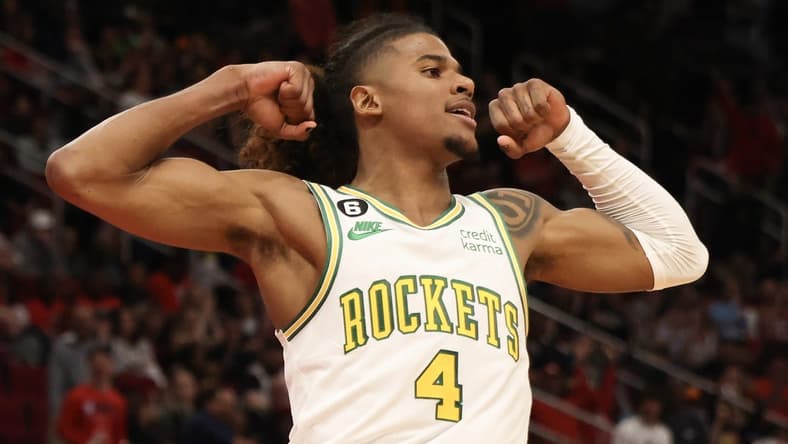 Dec 11, 2022; Houston, Texas, USA; Houston Rockets guard Jalen Green (4) reacts after a play against the Milwaukee Bucks in the second half at Toyota Center. Mandatory Credit: Thomas B. Shea-USA TODAY Sports