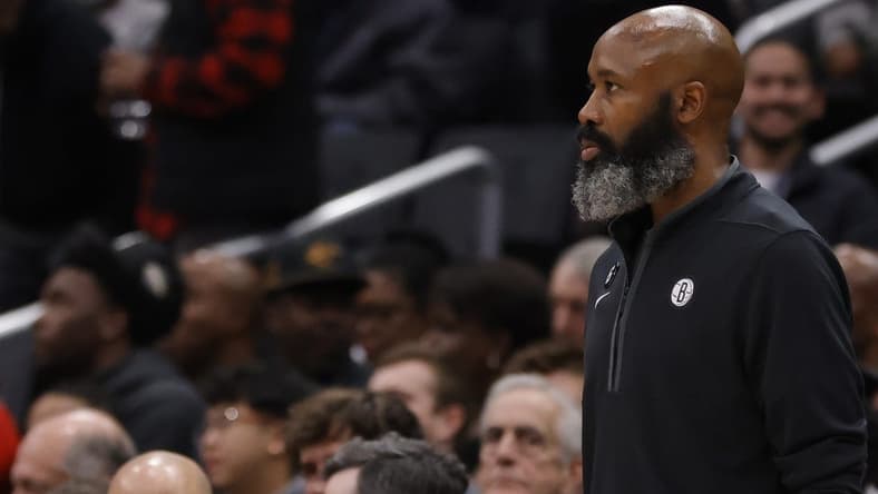 Dec 12, 2022; Washington, District of Columbia, USA; Brooklyn Nets head coach Jaques Vaughn looks on from the bench against the Washington Wizards in the second quarter at Capital One Arena. Mandatory Credit: Geoff Burke-USA TODAY Sports