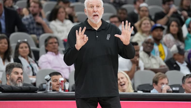 Dec 12, 2022; San Antonio, Texas, USA; San Antonio Spurs head coach Gregg Popovich signals to his team in the second half against the Cleveland Cavaliers at the AT&T Center. Mandatory Credit: Daniel Dunn-USA TODAY Sports