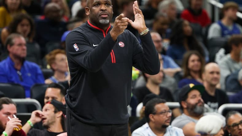 Dec 14, 2022; Orlando, Florida, USA; Atlanta Hawks head coach Nate McMillan calls a play from the sidelines against the Orlando Magic in the fourth quarter at Amway Center. Mandatory Credit: Nathan Ray Seebeck-USA TODAY Sports