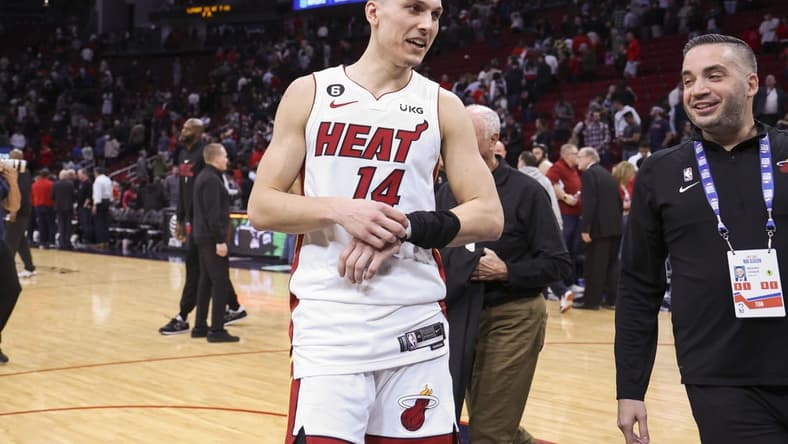 Dec 15, 2022; Houston, Texas, USA; Miami Heat guard Tyler Herro (14) walks off the court after the game against the Houston Rockets at Toyota Center. Mandatory Credit: Troy Taormina-USA TODAY Sports