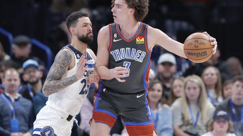 Dec 16, 2022; Oklahoma City, Oklahoma, USA; Oklahoma City Thunder guard Josh Giddey (3) is defended by Minnesota Timberwolves guard Austin Rivers (25) during the second quarter at Paycom Center. Mandatory Credit: Alonzo Adams-USA TODAY Sports