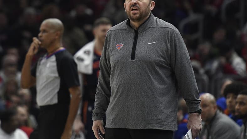 Dec 16, 2022; Chicago, Illinois, USA; New York Knicks head coach Tom Thibodeau looks on against the Chicago Bulls during the first half at the United Center. Mandatory Credit: Matt Marton-USA TODAY Sports