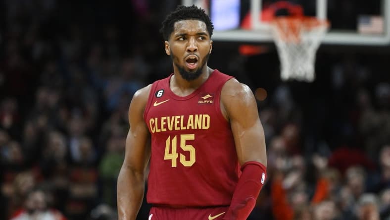 Dec 16, 2022; Cleveland, Ohio, USA; Cleveland Cavaliers guard Donovan Mitchell (45) reacts during the second half against the Indiana Pacers at Rocket Mortgage FieldHouse. Mandatory Credit: Ken Blaze-USA TODAY Sports
