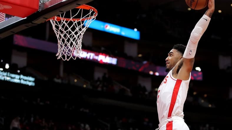 Dec 17, 2022; Houston, Texas, USA; Houston Rockets forward KJ Martin (6) elevates for a slam dunk against the Portland Trail Blazers during the second quarter at Toyota Center. Mandatory Credit: Erik Williams-USA TODAY Sports