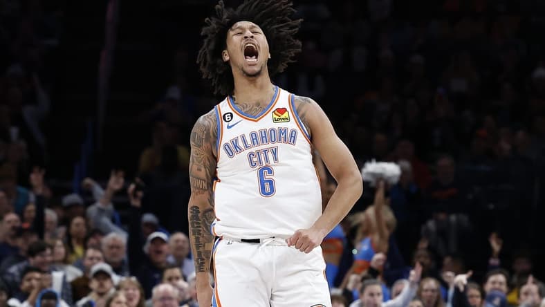 Dec 17, 2022; Oklahoma City, Oklahoma, USA; Oklahoma City Thunder forward Jaylin Williams (6) celebrates after a basket against the Memphis Grizzlies during the second quarter at Paycom Center. Mandatory Credit: Alonzo Adams-USA TODAY Sports