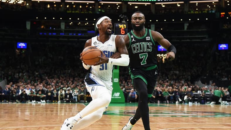 Dec 18, 2022; Boston, Massachusetts, USA; Orlando Magic guard Terrence Ross (31) drives to the basket while Boston Celtics guard Jaylen Brown (7) defends during the first half at TD Garden. Mandatory Credit: Bob DeChiara-USA TODAY Sports