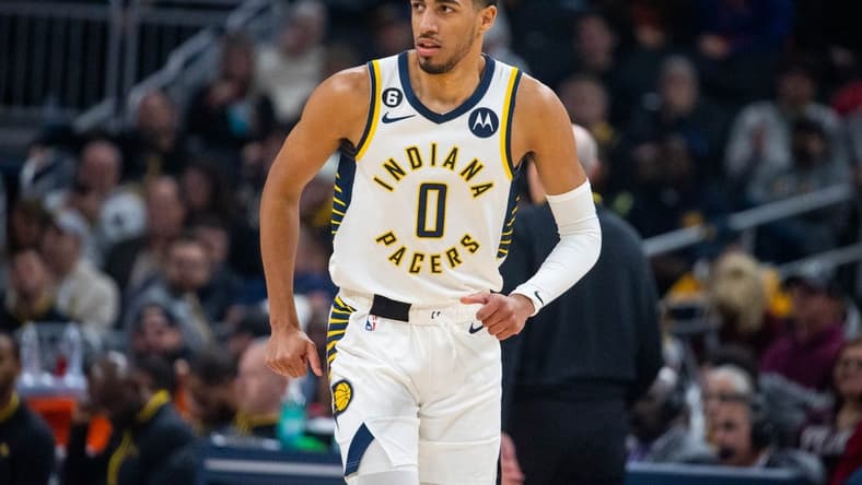 Dec 18, 2022; Indianapolis, Indiana, USA;Indiana Pacers guard Tyrese Haliburton (0) in the second quarter against the New York Knicks at Gainbridge Fieldhouse. Mandatory Credit: Trevor Ruszkowski-USA TODAY Sports