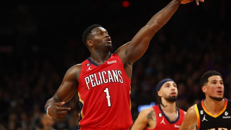 Dec 17, 2022; Phoenix, Arizona, USA; New Orleans Pelicans forward Zion Williamson (1) against the Phoenix Suns at Footprint Center. Mandatory Credit: Mark J. Rebilas-USA TODAY Sports