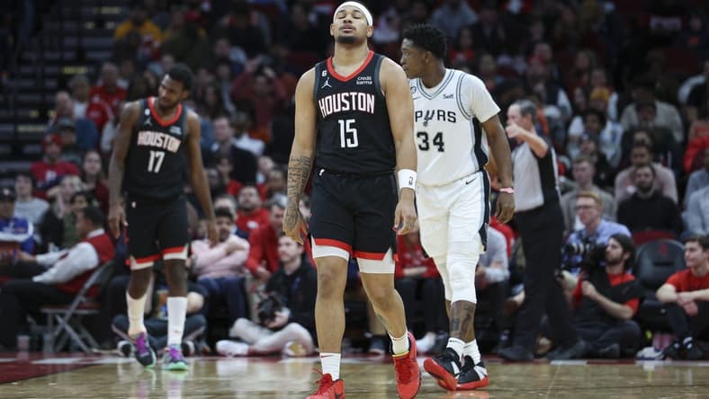 Dec 19, 2022; Houston, Texas, USA; Houston Rockets guard Daishen Nix (15) reacts after a play during the fourth quarter against the San Antonio Spurs at Toyota Center. Mandatory Credit: Troy Taormina-USA TODAY Sports