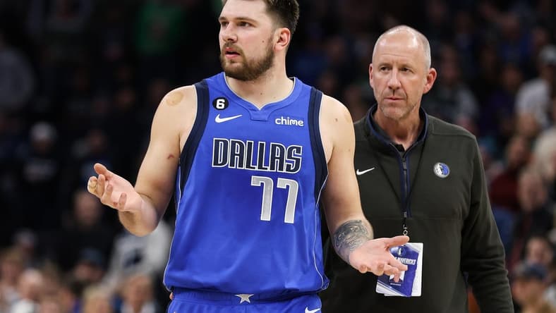 Dec 19, 2022; Minneapolis, Minnesota, USA; Dallas Mavericks guard Luka Doncic (77) reacts after being ejected from the game during the third quarter against the Minnesota Timberwolves at Target Center. Mandatory Credit: Matt Krohn-USA TODAY Sports