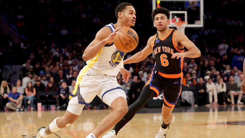 Dec 20, 2022; New York, New York, USA; Golden State Warriors guard Jordan Poole (3) controls the ball against New York Knicks guard Quentin Grimes (6) during the first quarter at Madison Square Garden. Mandatory Credit: Brad Penner-USA TODAY Sports