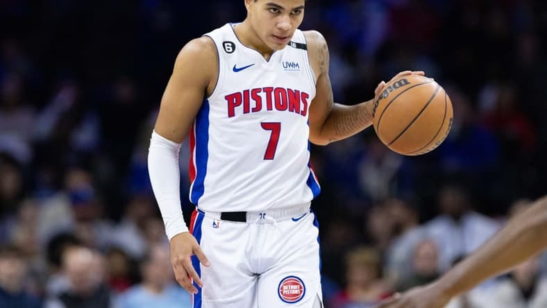 Dec 21, 2022; Philadelphia, Pennsylvania, USA; Detroit Pistons guard Killian Hayes (7) dribbles the ball against the Philadelphia 76ers during the first quarter at Wells Fargo Center. Mandatory Credit: Bill Streicher-USA TODAY Sports
