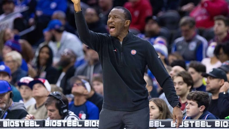 Dec 21, 2022; Philadelphia, Pennsylvania, USA; Detroit Pistons head coach Dwane Casey reacts during the second quarter at Wells Fargo Center. Mandatory Credit: Bill Streicher-USA TODAY Sports