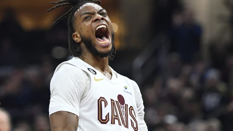 Dec 21, 2022; Cleveland, Ohio, USA; Cleveland Cavaliers guard Darius Garland (10) reacts after scoring in the second quarter against the Milwaukee Bucks at Rocket Mortgage FieldHouse. Mandatory Credit: David Richard-USA TODAY Sports