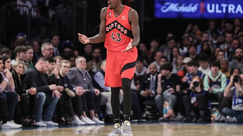 Dec 21, 2022; New York, New York, USA; Toronto Raptors forward Pascal Siakam (43) reacts after being called for a foul in the third quarter against the New York Knicks at Madison Square Garden. Mandatory Credit: Wendell Cruz-USA TODAY Sports