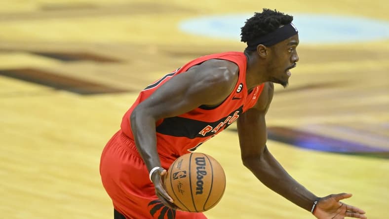 Dec 23, 2022; Cleveland, Ohio, USA; Toronto Raptors forward Pascal Siakam (43) dribbles the ball in the first quarter against the Cleveland Cavaliers at Rocket Mortgage FieldHouse. Mandatory Credit: David Richard-USA TODAY Sports