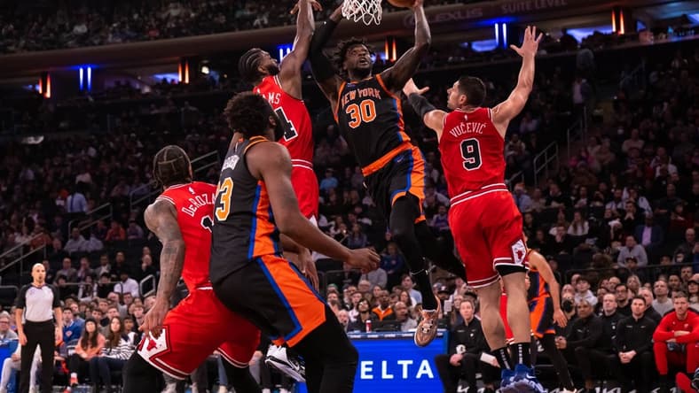 Dec 23, 2022; New York, New York, USA; New York Knicks forward Julius Randle (30) drives to the basket against the Chicago Bulls during the first quarter at Madison Square Garden. Mandatory Credit: John Jones-USA TODAY Sports