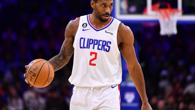 Dec 23, 2022; Philadelphia, Pennsylvania, USA; Los Angeles Clippers forward Kawhi Leonard (2) controls the ball against the Philadelphia 76ers in the fourth quarter at Wells Fargo Center. Mandatory Credit: Kyle Ross-USA TODAY Sports