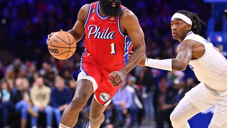 Dec 23, 2022; Philadelphia, Pennsylvania, USA; Philadelphia 76ers guard James Harden (1) drives past Los Angeles Clippers guard Terance Mann (14) in the second quarter at Wells Fargo Center. Mandatory Credit: Kyle Ross-USA TODAY Sports