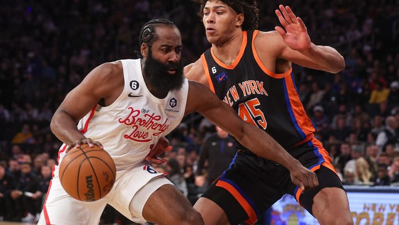 Dec 25, 2022; New York, New York, USA; Philadelphia 76ers guard James Harden (1) dribbles against New York Knicks center Jericho Sims (45) during the first half at Madison Square Garden. Mandatory Credit: Vincent Carchietta-USA TODAY Sports